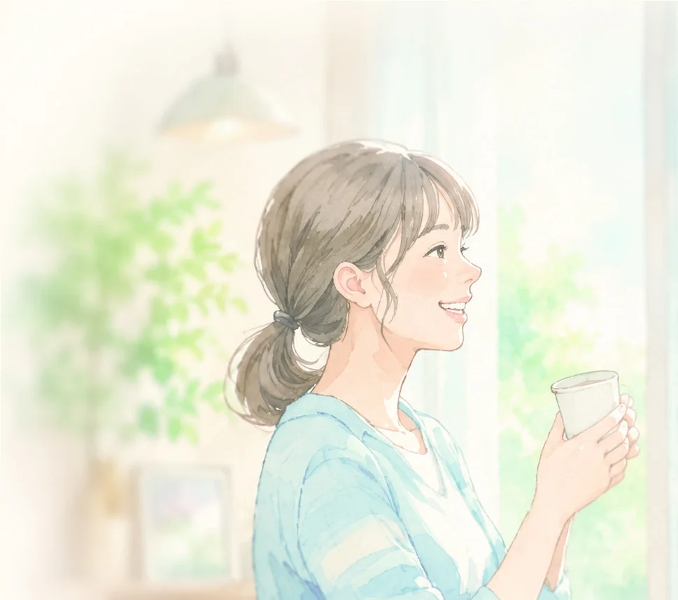 飲み物を手にする働くママのイラスト
