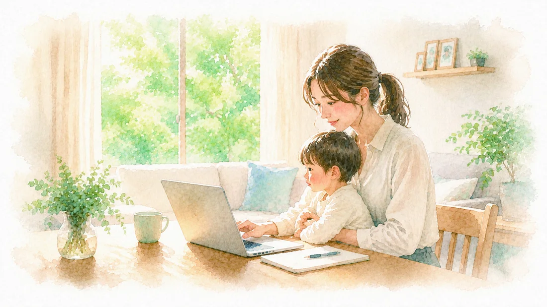 自宅で仕事をしながら子どもを見守る様子